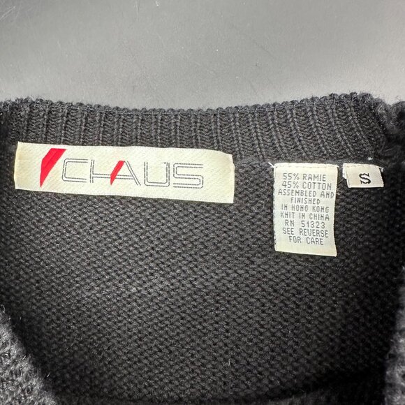 Vintage Black Sweater Colorful 80s Geometric Floral Sz Small Chaus Shoulder Pads - Picture 4 of 6